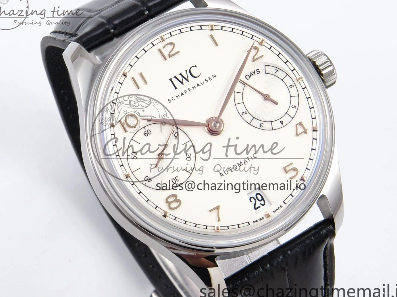 MIROTIME 0214 OnTrend Portugieser Automatic 42mm SS APSF 1:1 Best Edition White RG Dial on Black Leather Strap A 7010